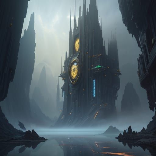 Colossal Ancient Spaceship Marketplace Over Serene Alien Lak...