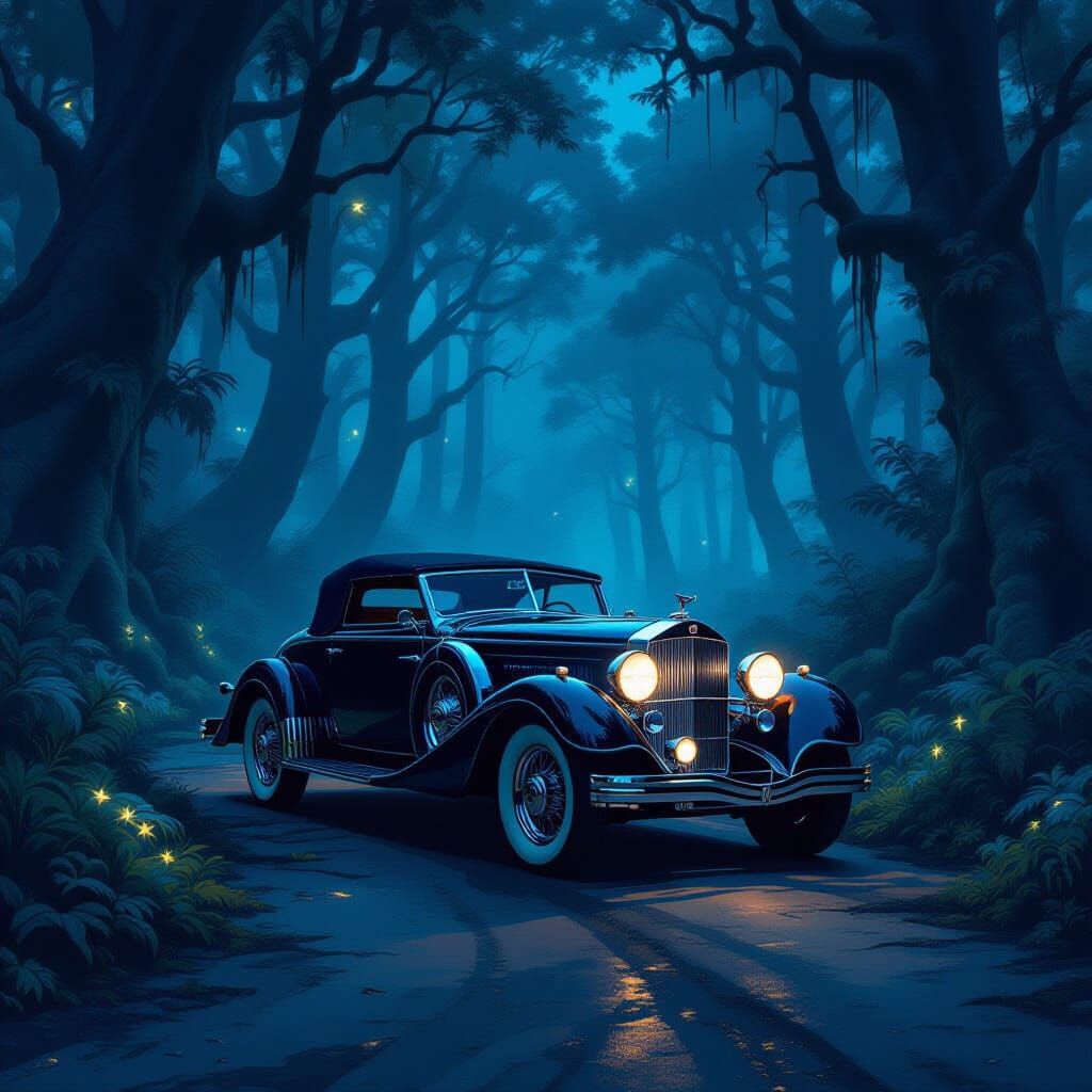Mysterious Forest Road with Antique Car and Bioluminescent F...
