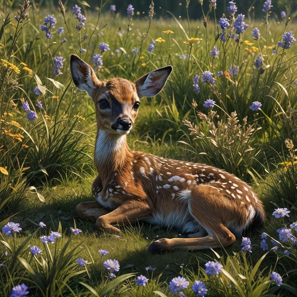 Fuzzy Baby Deer in Meadow, Hyper-Realistic 4K
