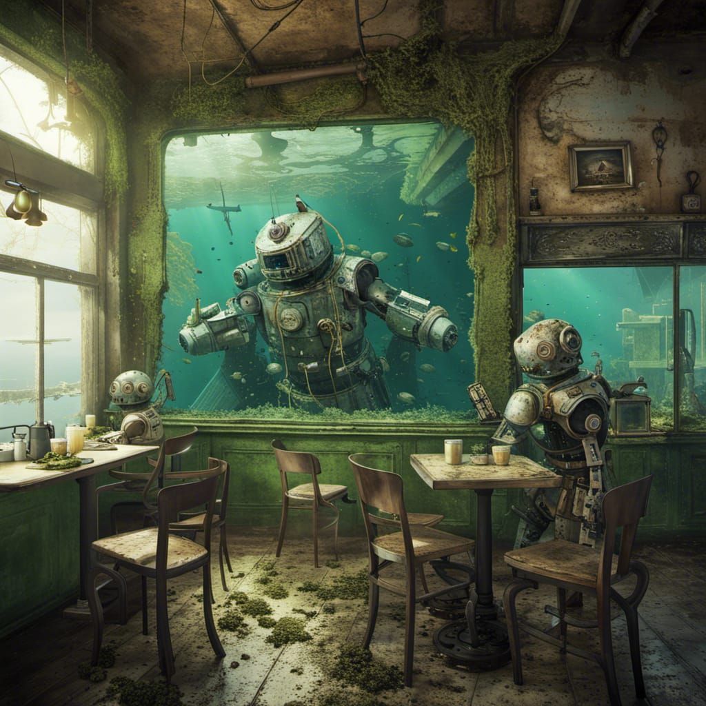 Underwater Robot Battle in Ruined Coffee Shop