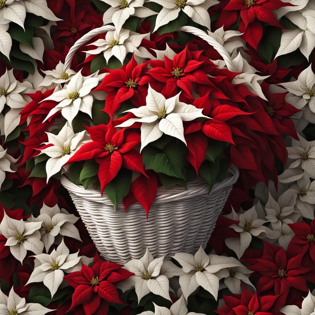 Red Poinsettias Overflowing from White Basket