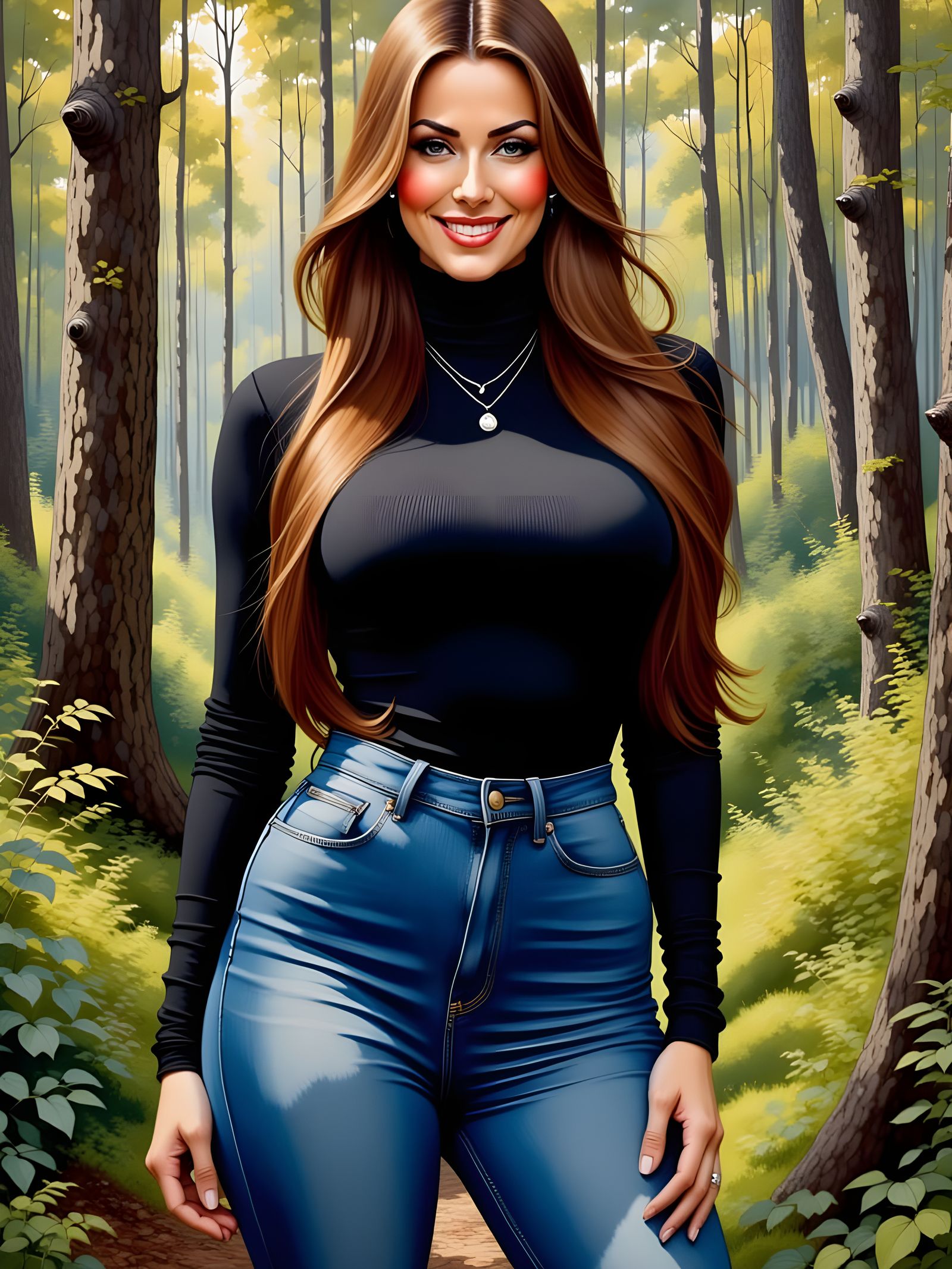 Enticing Woman in Forest, Detailed Oil Painting