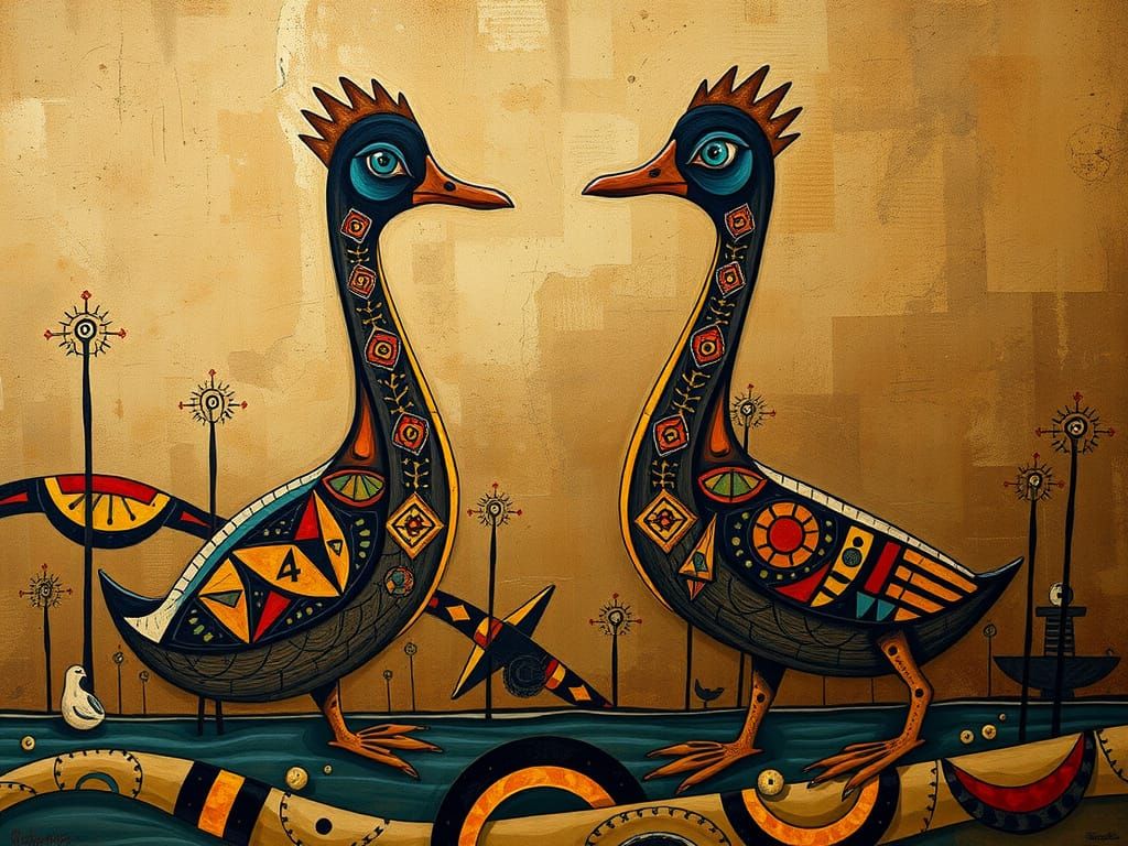 Ethereal Totemic Ducks in Surreal Abstract Style