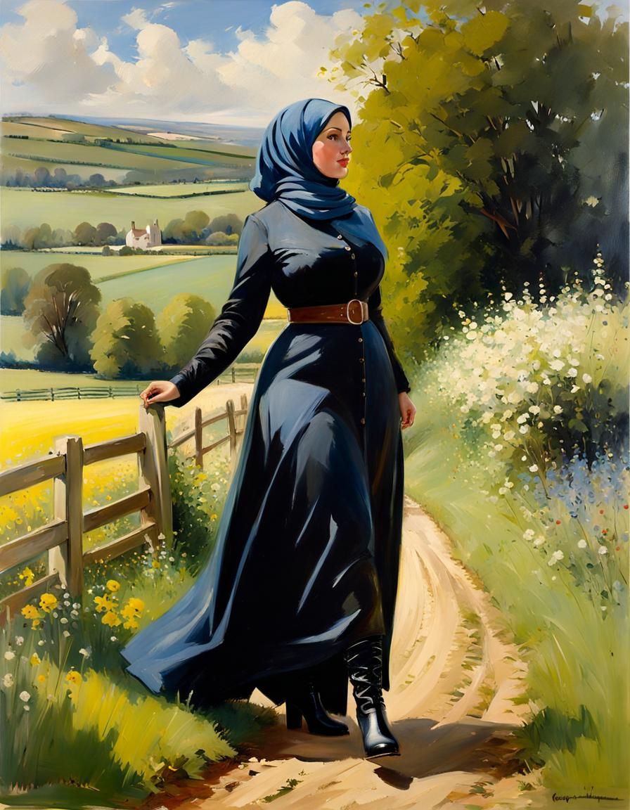 Curvy Woman in Hijab in an Oil-Guache Painting