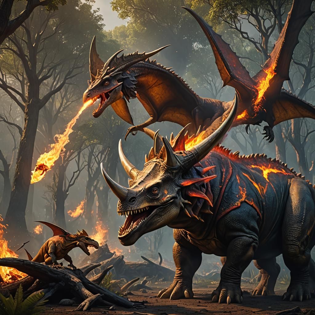 Triceratops Eats Fire-Breathing Pterodactyl: Detailed Matte ...