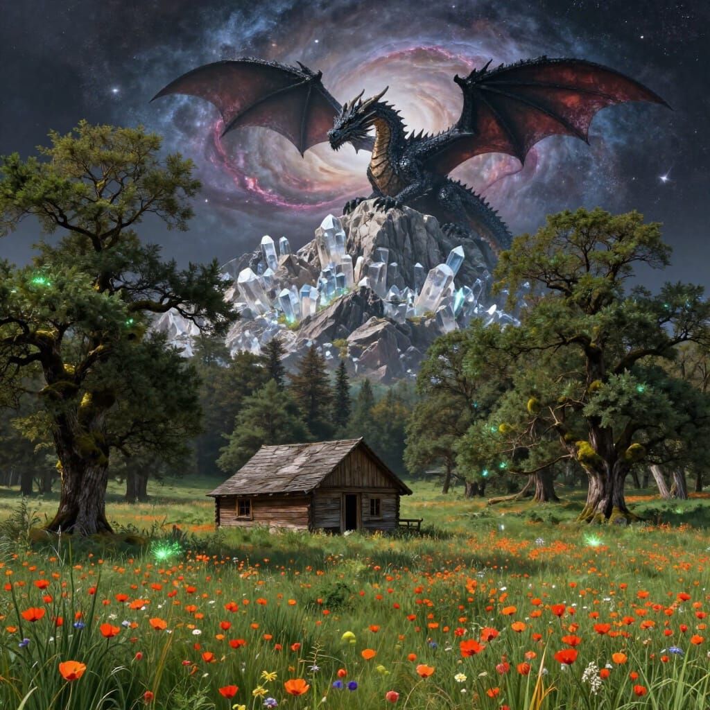 Ancient Dragon Over Crystal Mountain and Cosmic Nebula