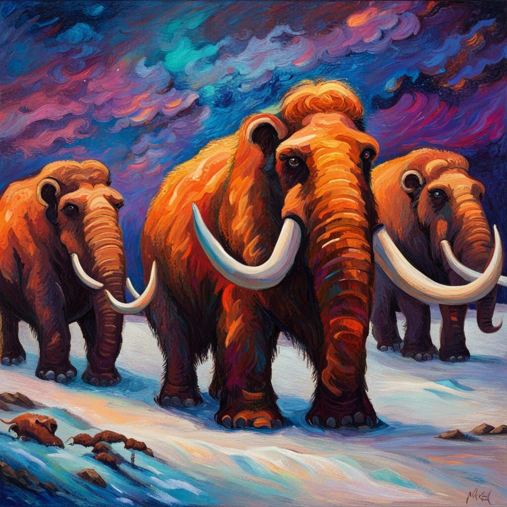 Woolly Mammoths Under Aurora Borealis, Impasto Painting