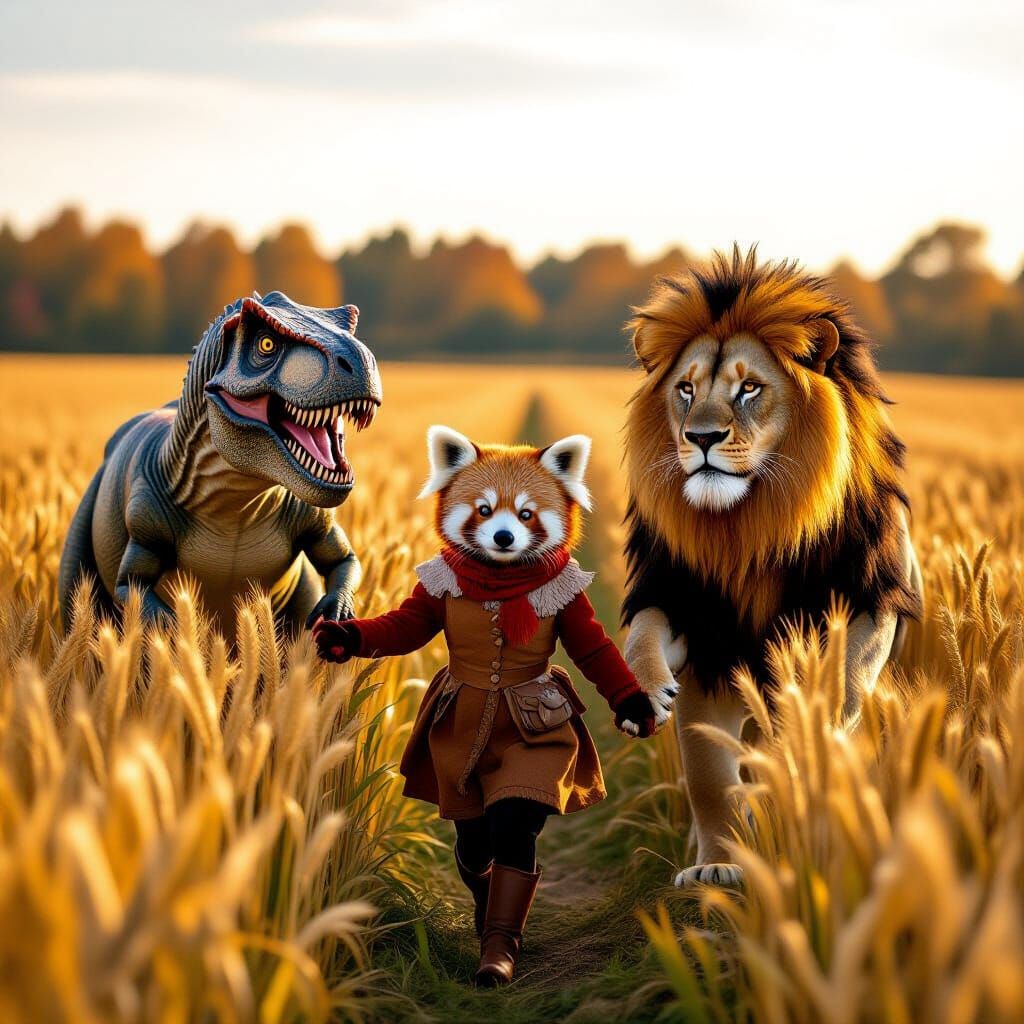 Red Panda, T-Rex, Lion in Autumn Wheat Field