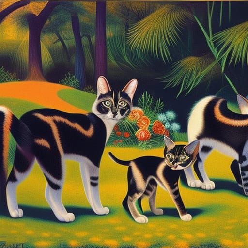 Cats Halt on Path in Expressionist Renaissance Style