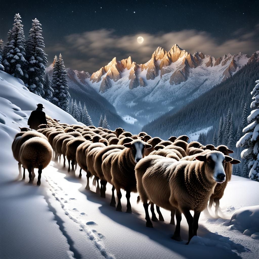 Christmas Eve Shepherds Guide Flock Through Snowy Mountains
