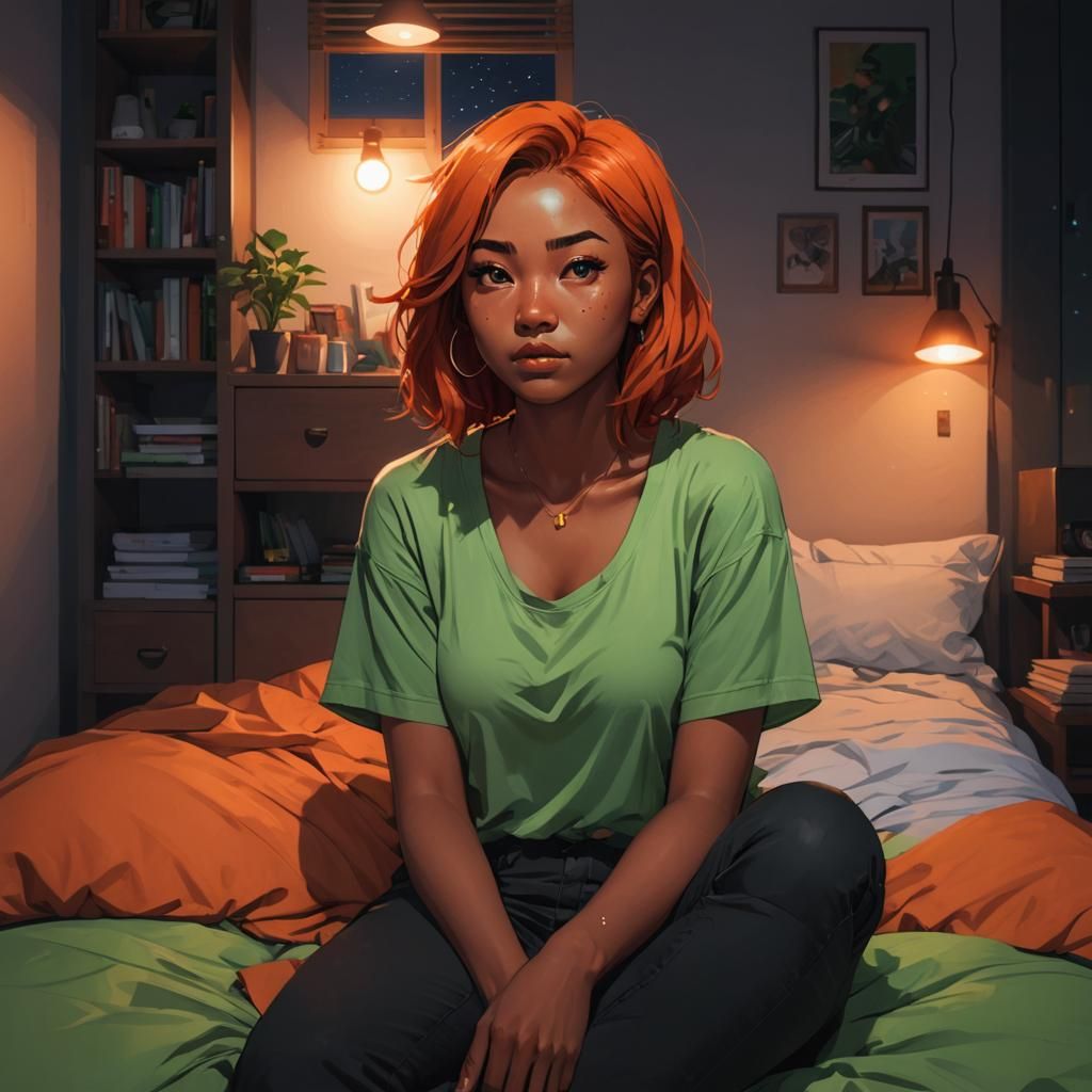 Vibrant Webcomic Portrait: Dark-Skinned Woman with Green Eye...