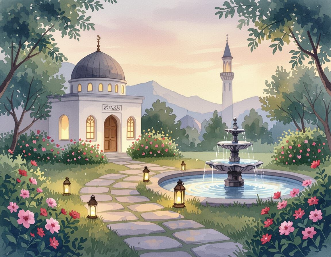 Serene Garden Mosque at Dusk in Watercolor Style