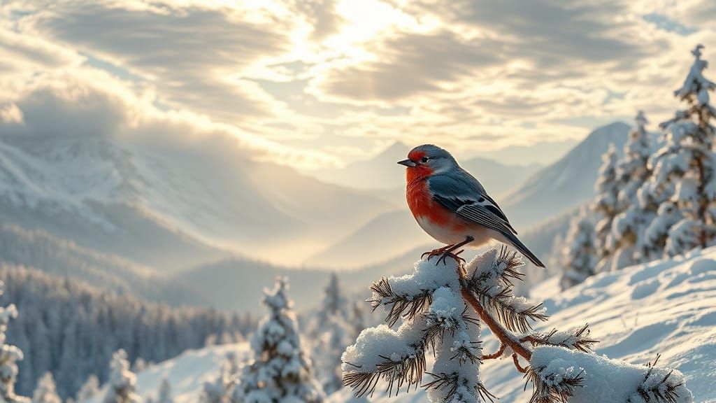 Surreal Alpine Landscape with a Perched Bird in Hyper-Realis...