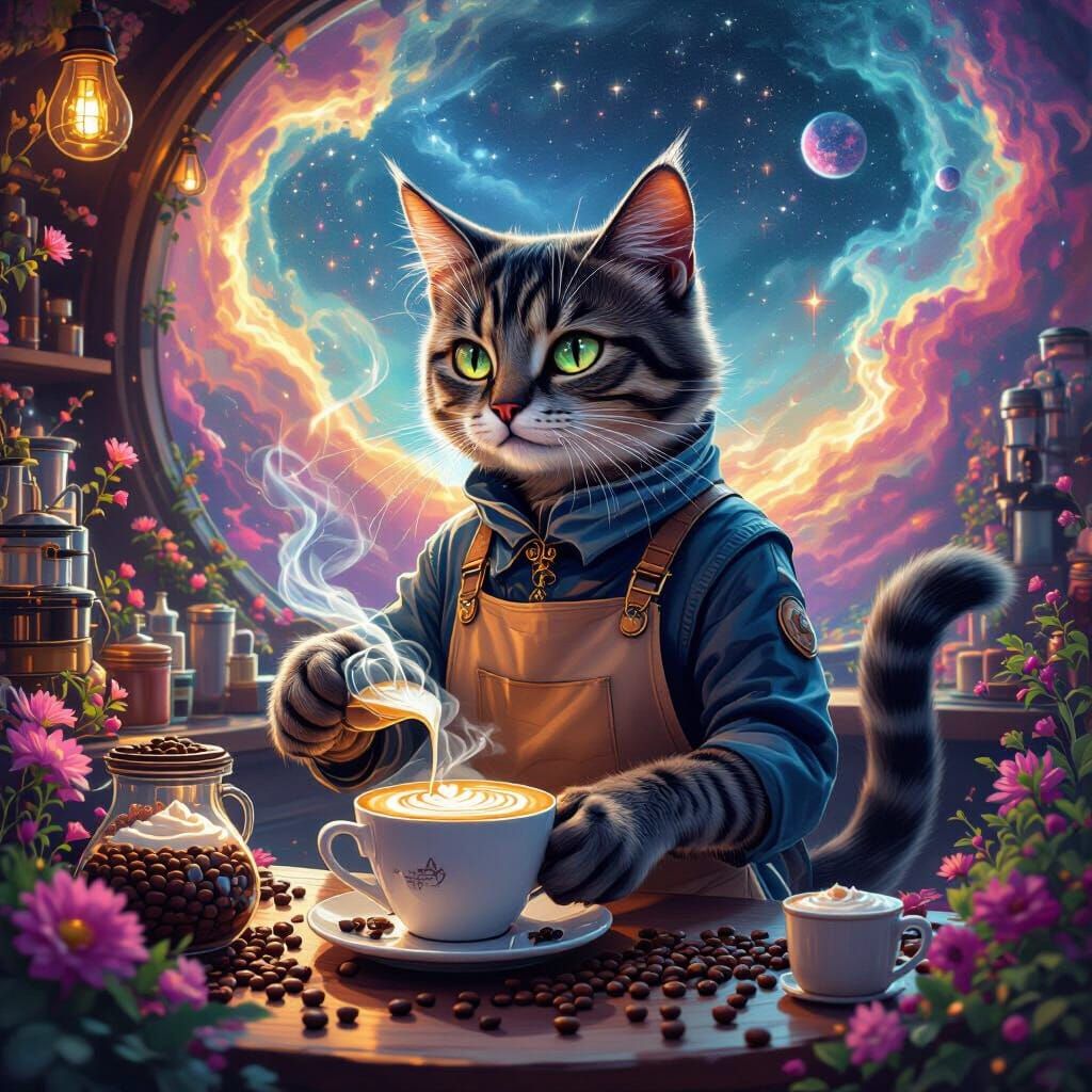 Celestial Cat Barista Makes Cosmic Coffee, Digital Surrealis...
