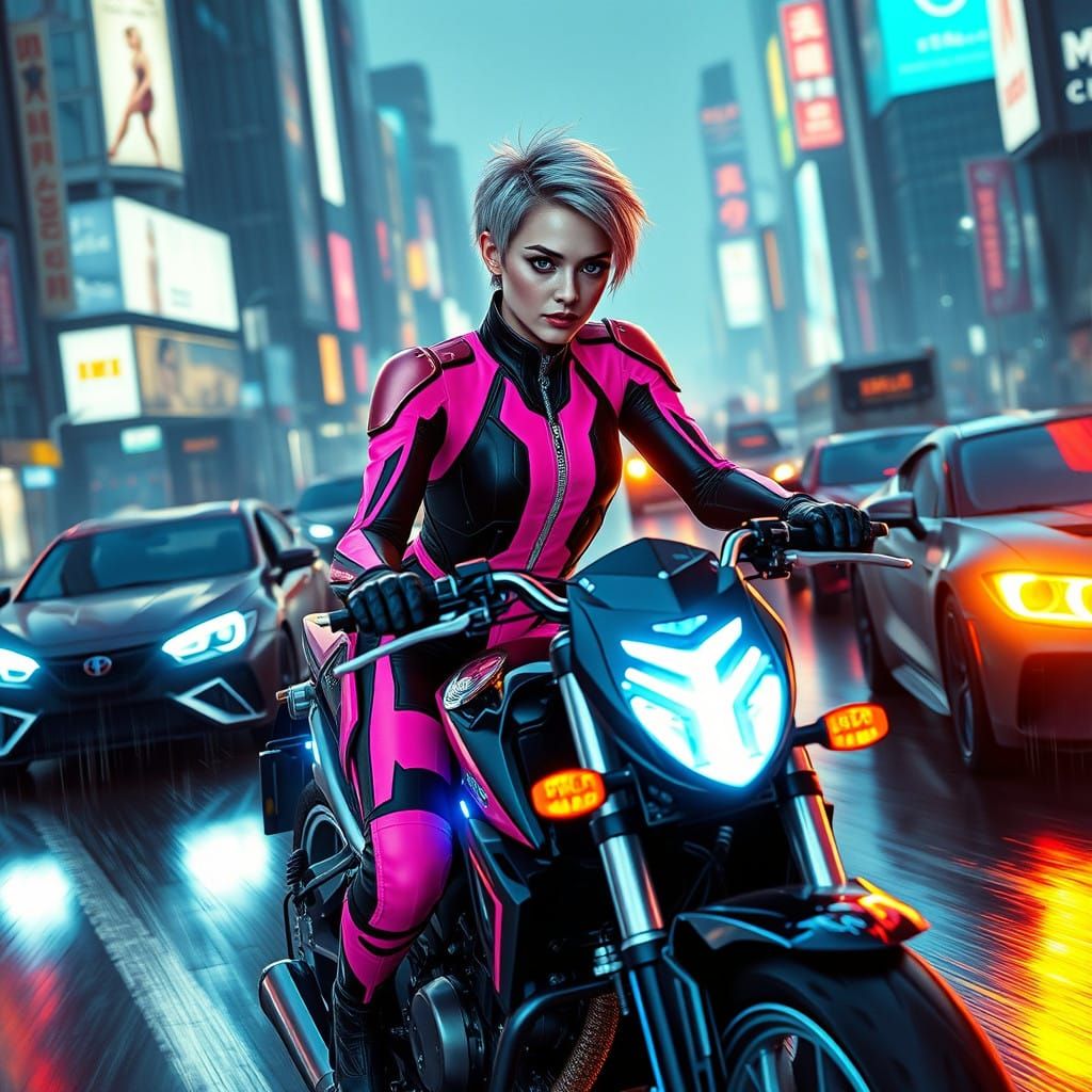 Cyberpunk Rebellion Rides Through Neon-Lit Metropolis