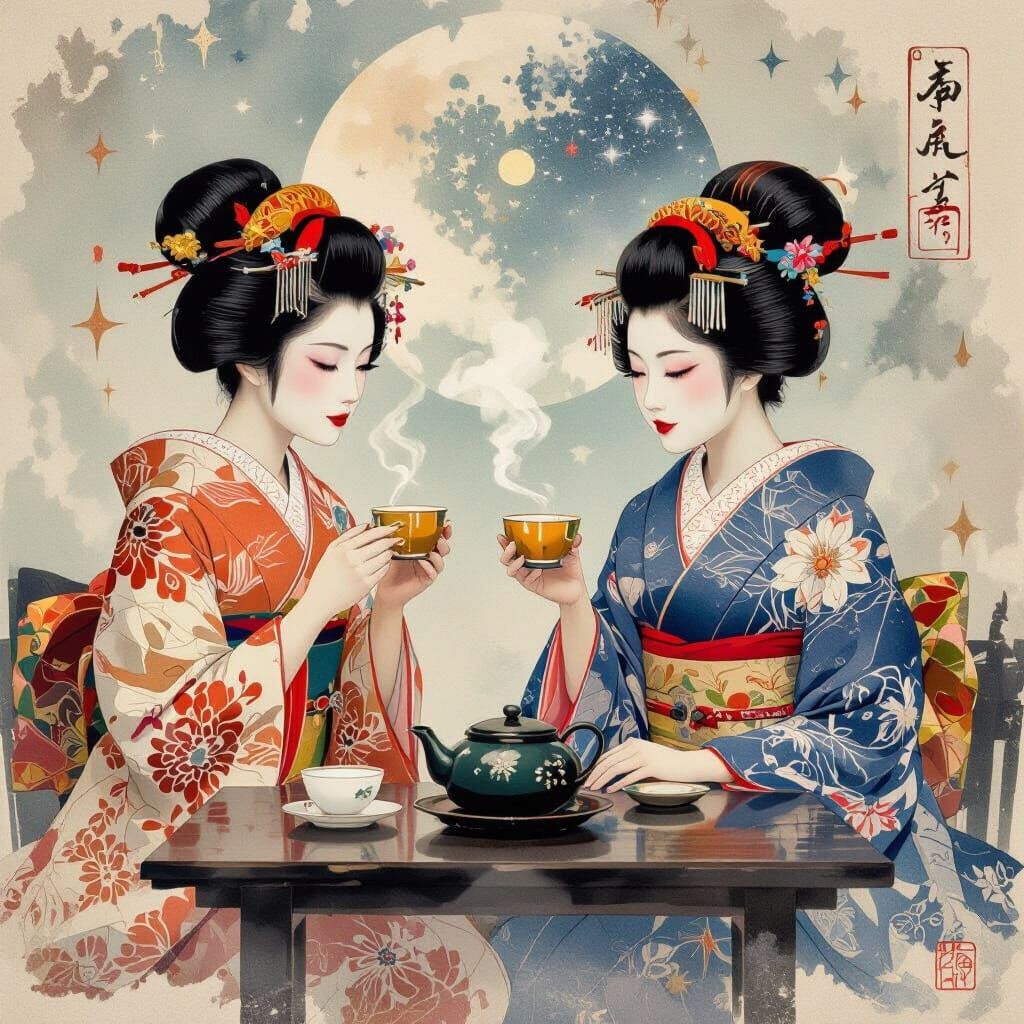 Geishas' Celestial Tea Party: Watercolor Dreamscape