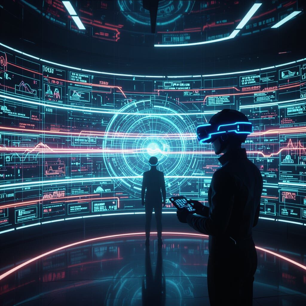 Futuristic Room with Holographic Timelines and VR User