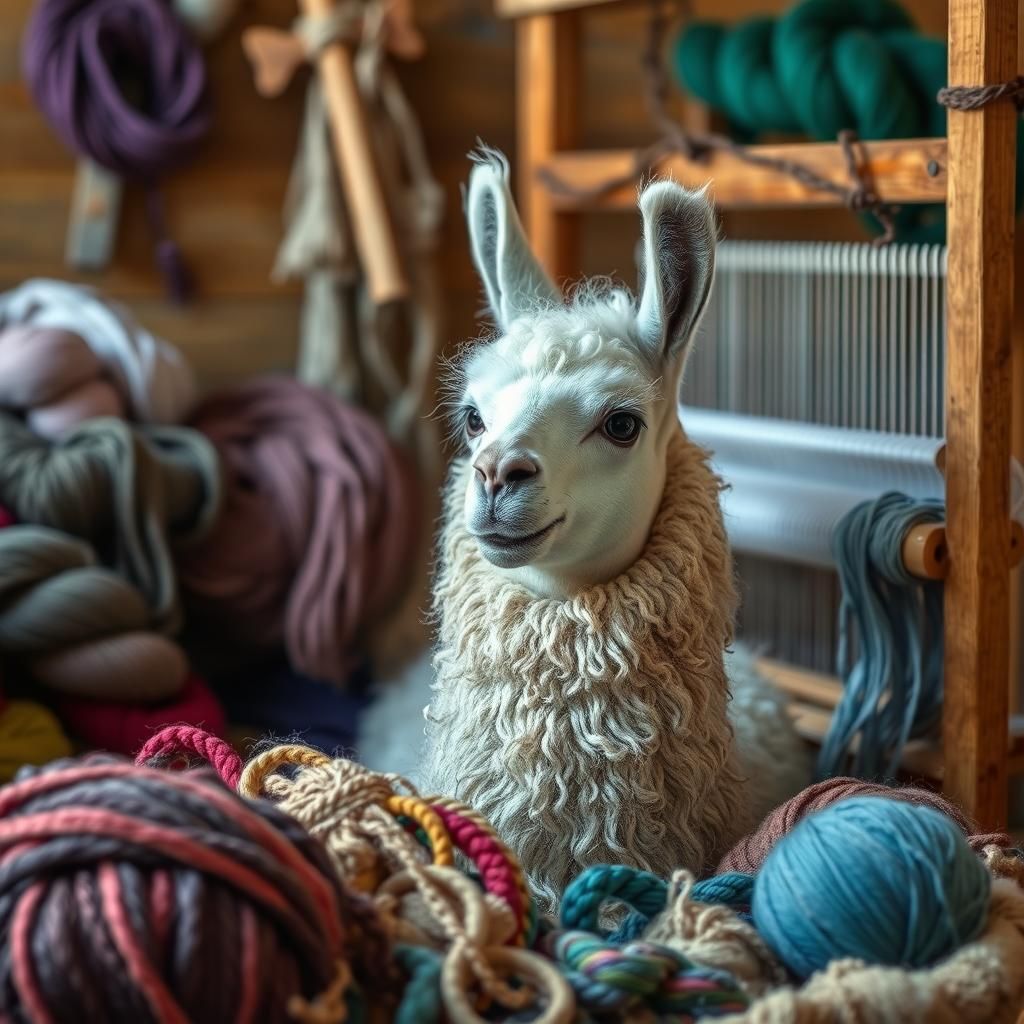 Serene Llama with Colorful Yarns in Whimsical Style
