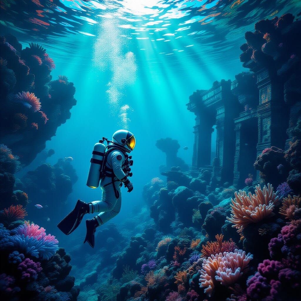 Astronaut Explores Alien Coral Reef in Hyperrealistic Style