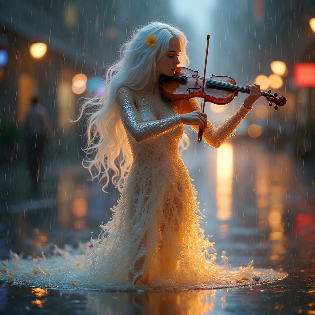 Water Violinist Playing Moonlight Violin in City Rain