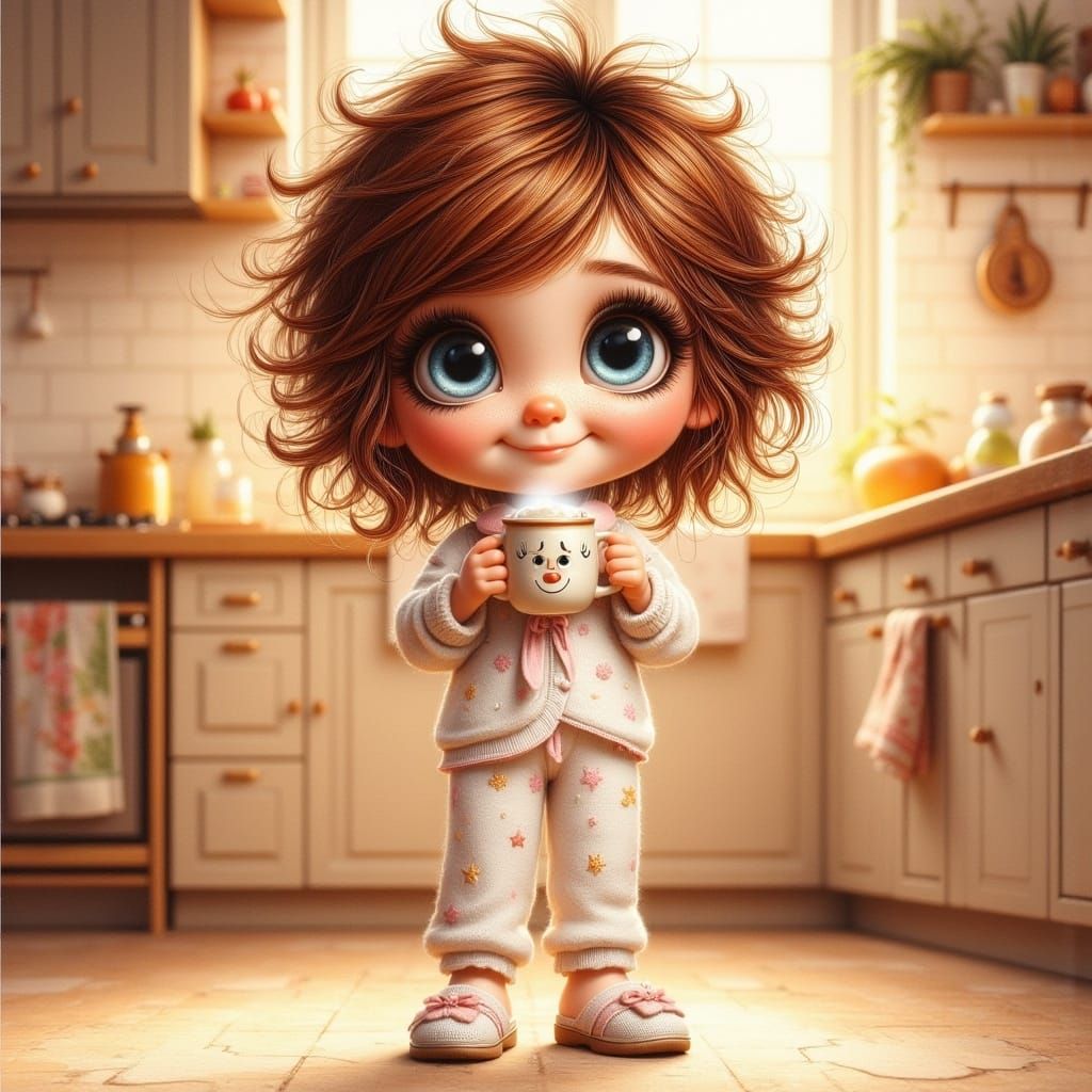 Whimsical Girl Cradling Cappuccino in Cozy Kitchen