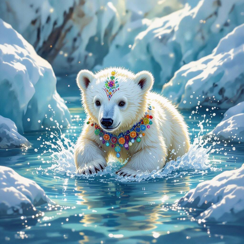Whimsical Polar Bear Cub in Arctic Stream, Watercolor Style