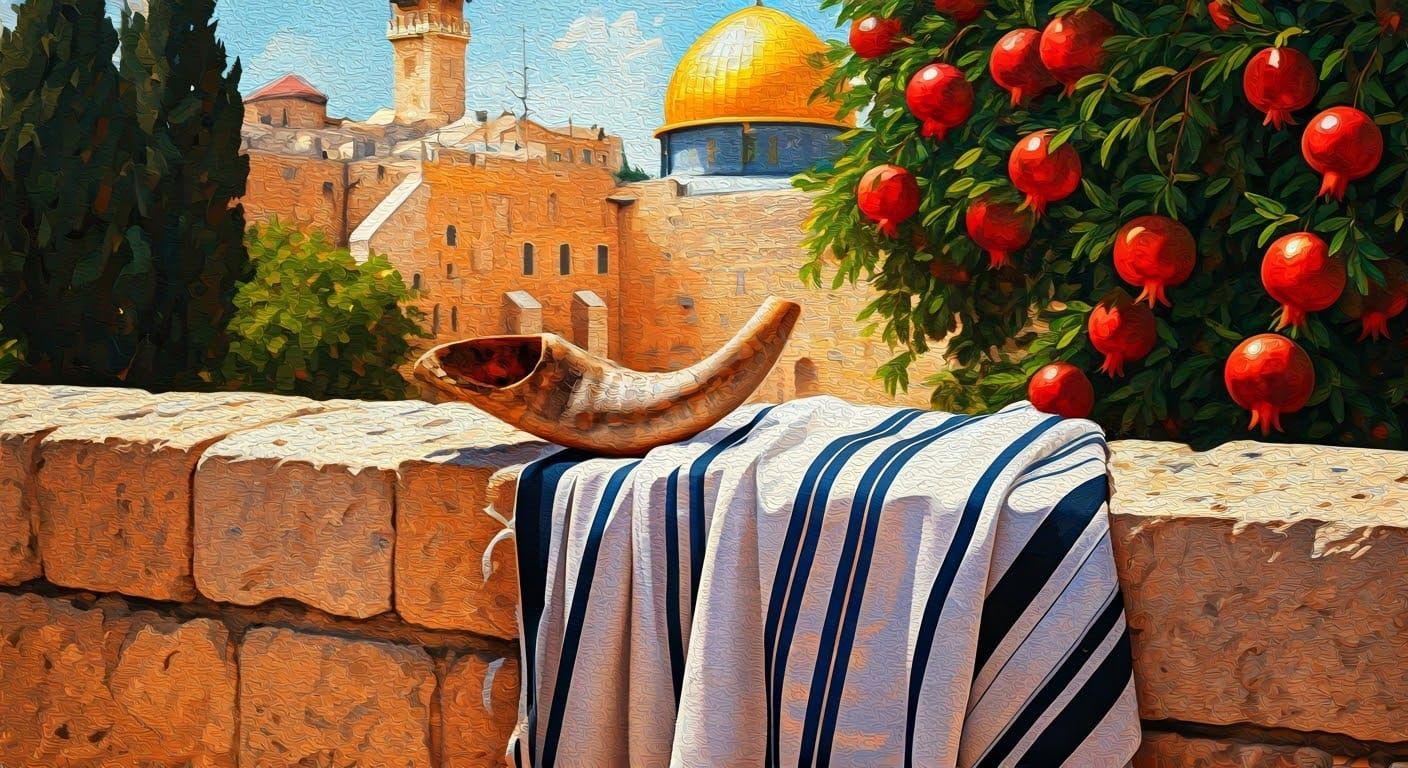 Shofar and Tallit in Jerusalem: An Impasto Painting