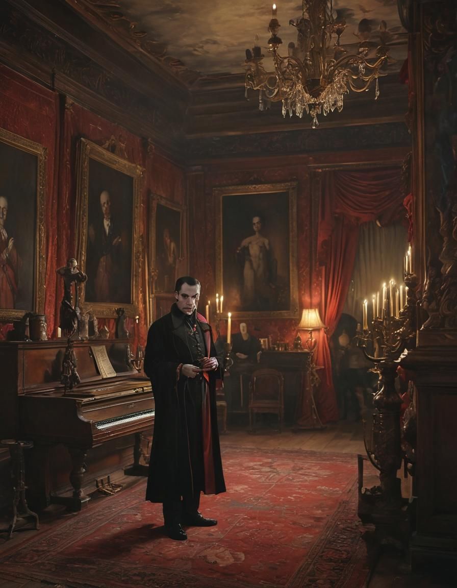 Count Dracula in Ornate Music Room: Dark Romanticism