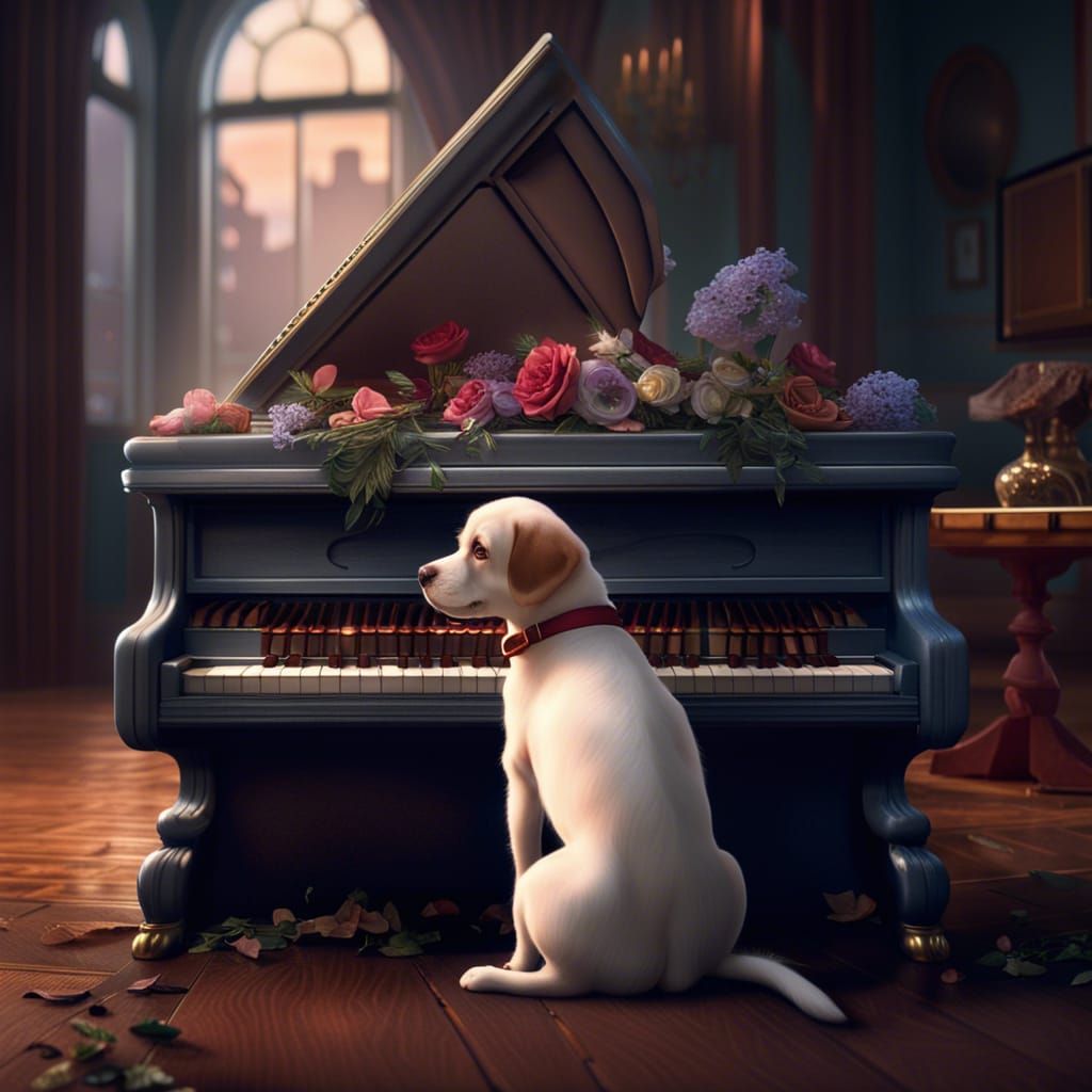 Cute Puppy Piano Bench Fantasy Art