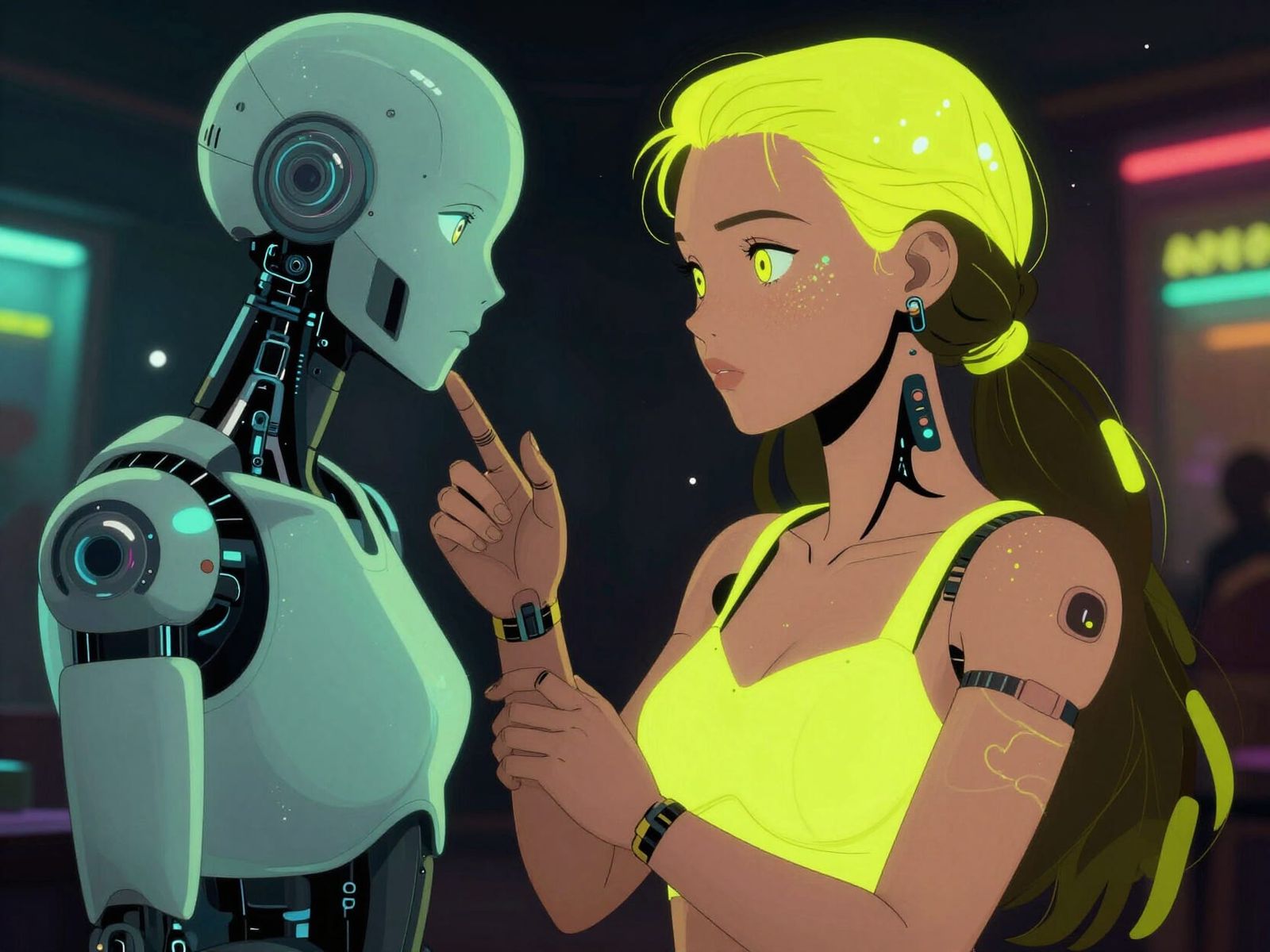 Cyborg and Robot in Neon Subculture Scene