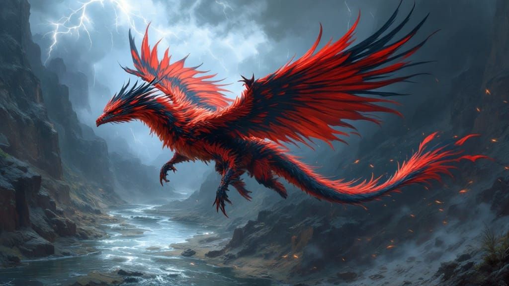 Majestic Phoenix Dragon Soars Through Stormy Skies