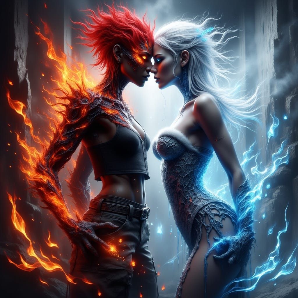 Sensual Encounter of Elemental Forces in a Fiery Kiss