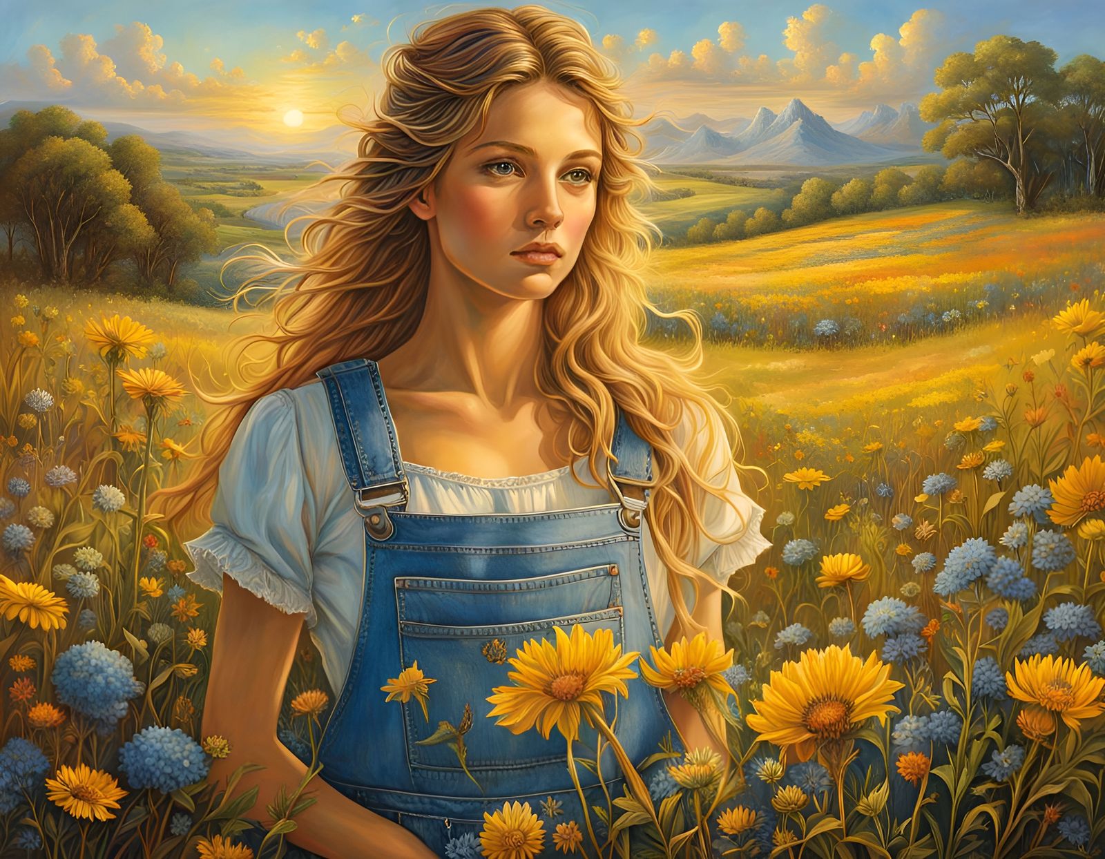 Farmer's Daughter in Wildflower Field, Color Corrected