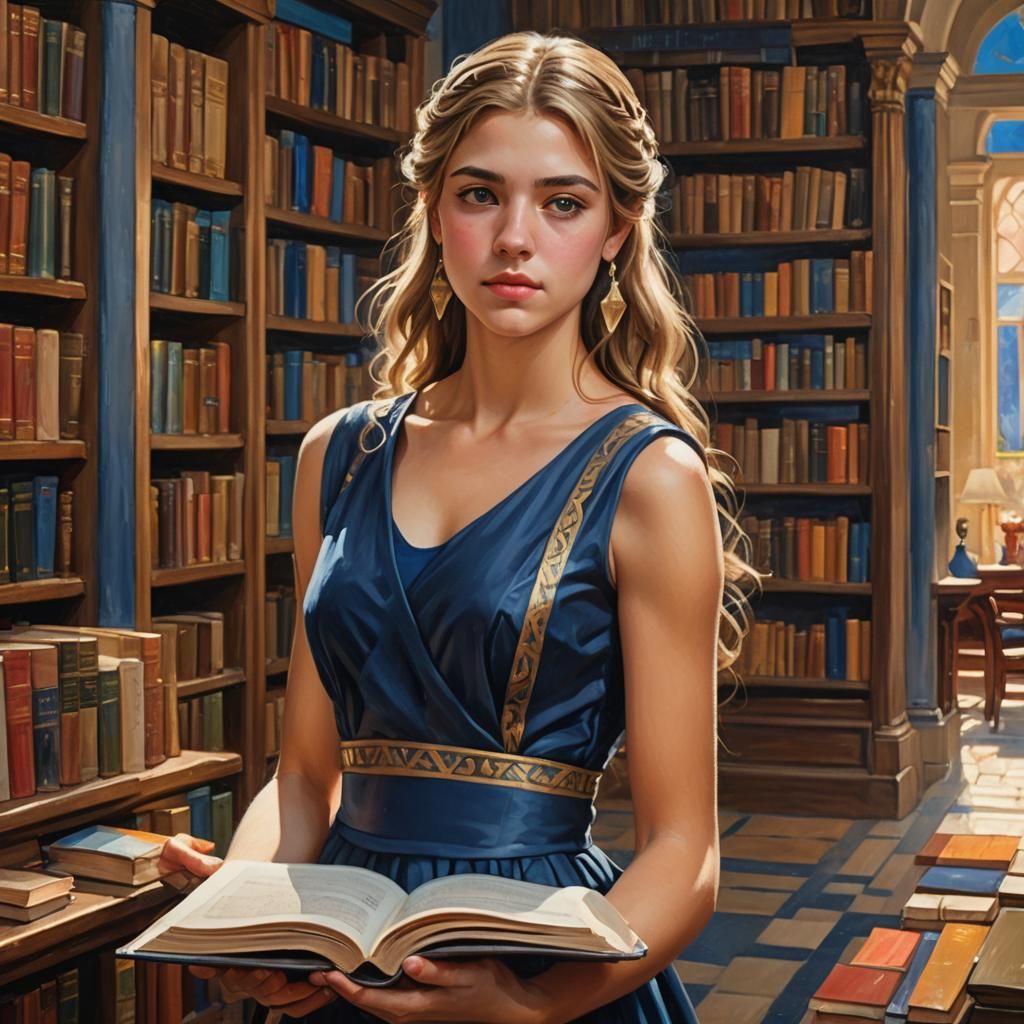 Greek Teenager Sorting Books as Oil Painting