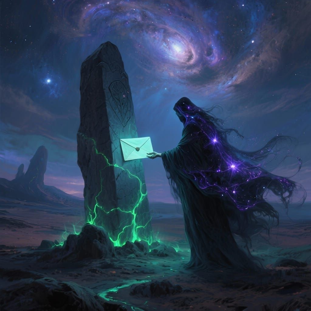 Ethereal Messenger Delivers Cosmic Envelope to Alien Monolit...