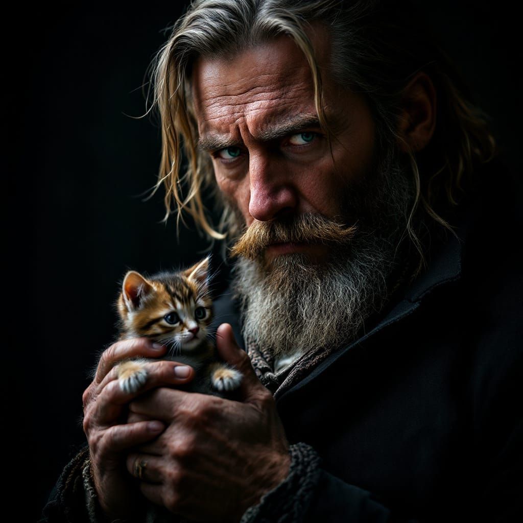 Man Tenderly Holds Kitten in Dramatic Chiaroscuro