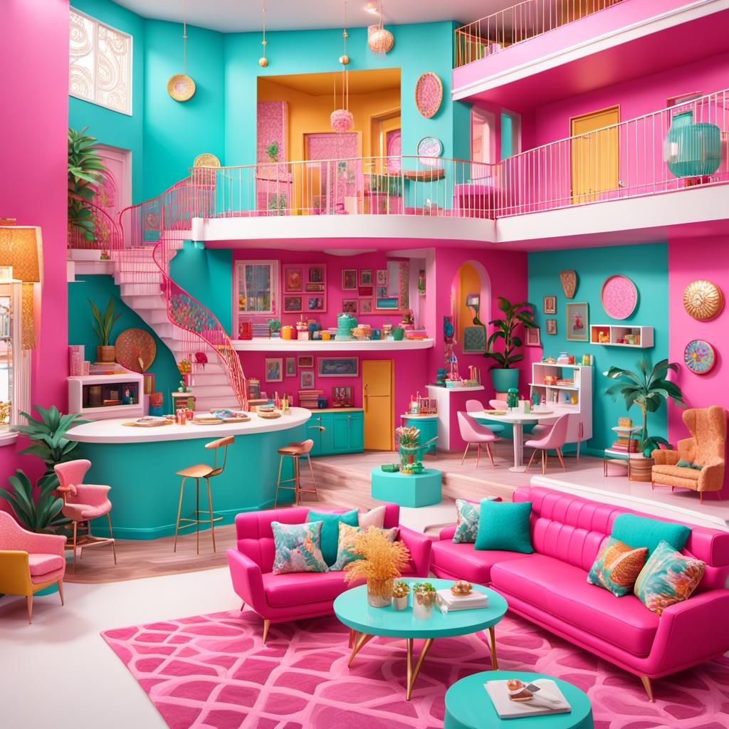 Mid-Century Modern Barbie Dreamhouse Interior in Fauvist Sty...
