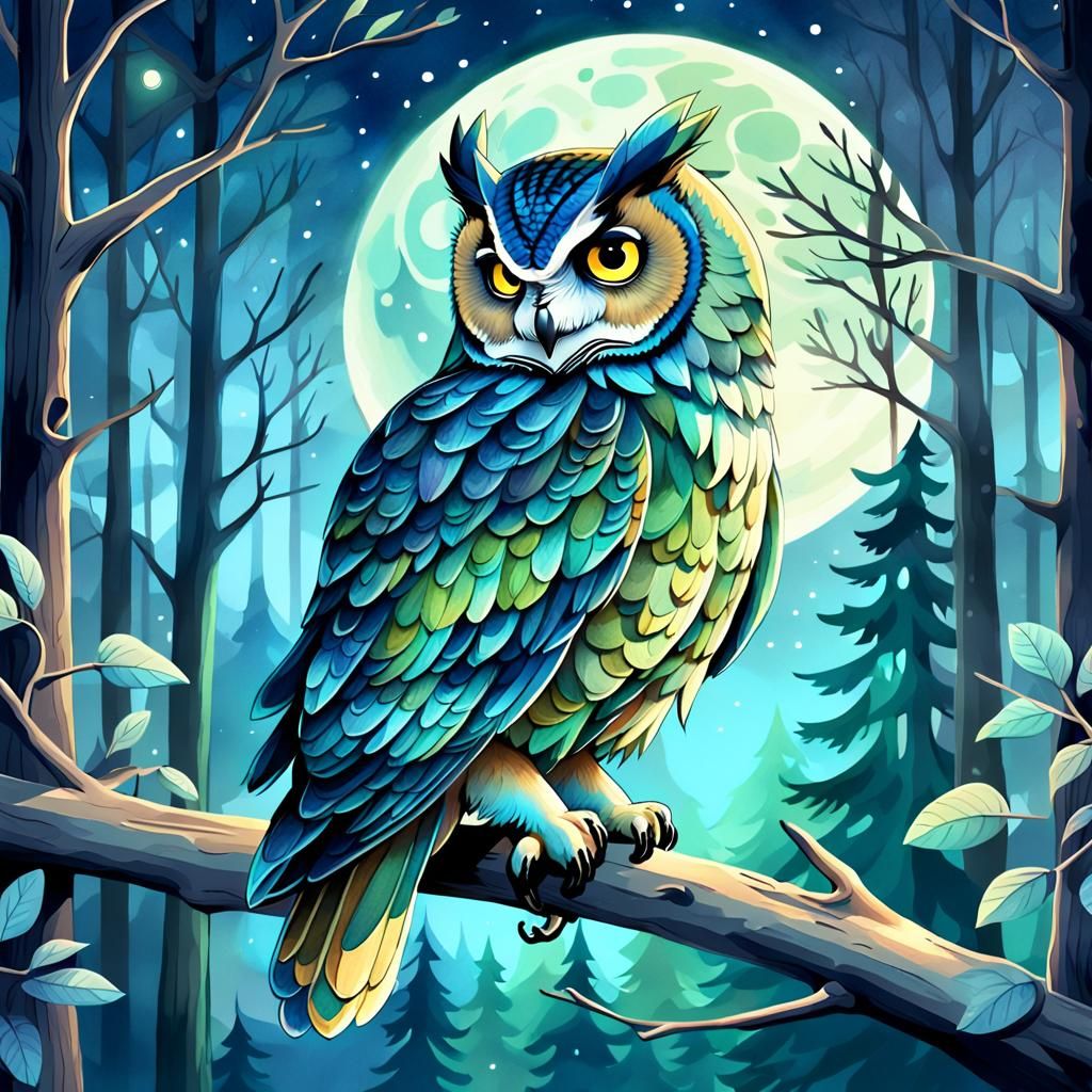 Watercolor Owl in Moonlit Forest Illustration