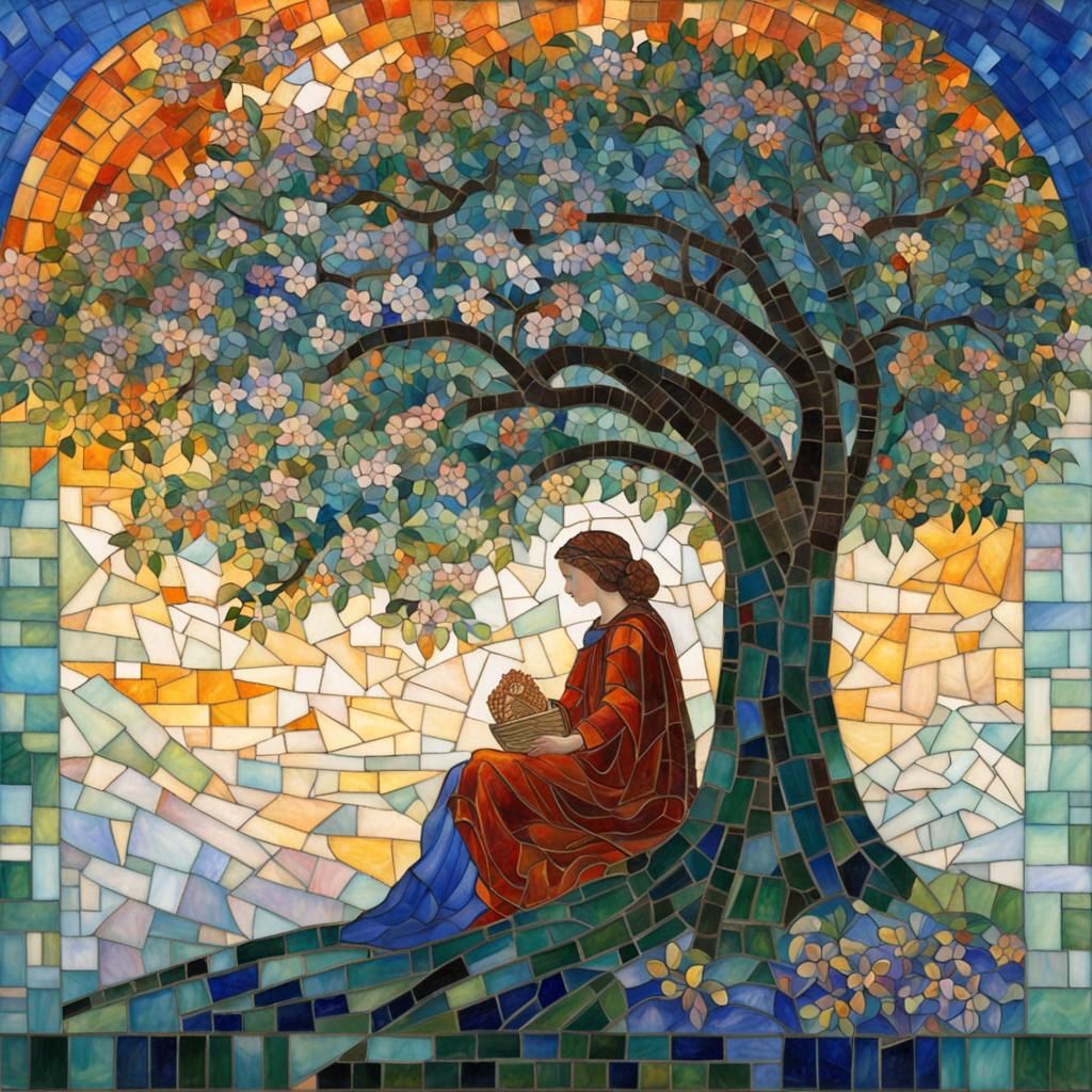 Woman Reading Under Tree in Art Nouveau Mosaic Style