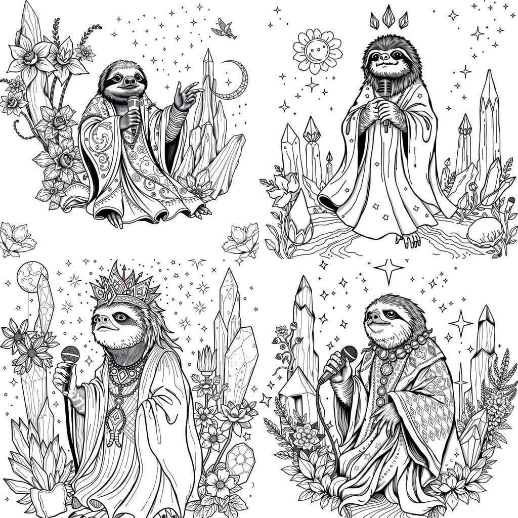 Cosmic Sloth with Microphone in Coloring Book Style