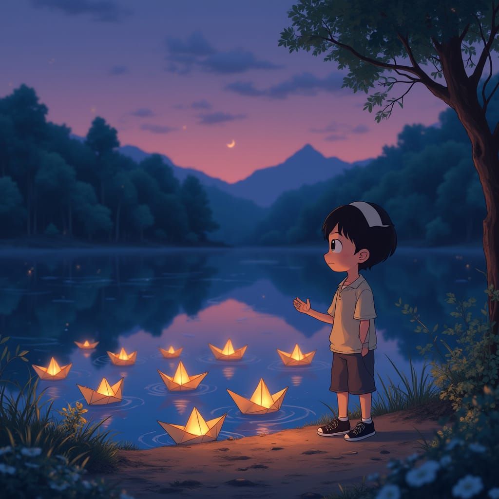 Boy with Origami Boats in Ghibli Twilight