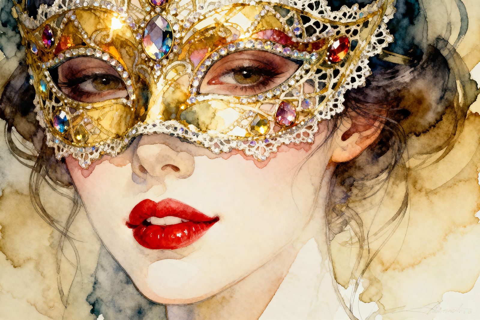 Elegant Woman's Face Veiled by Venetian Mask
