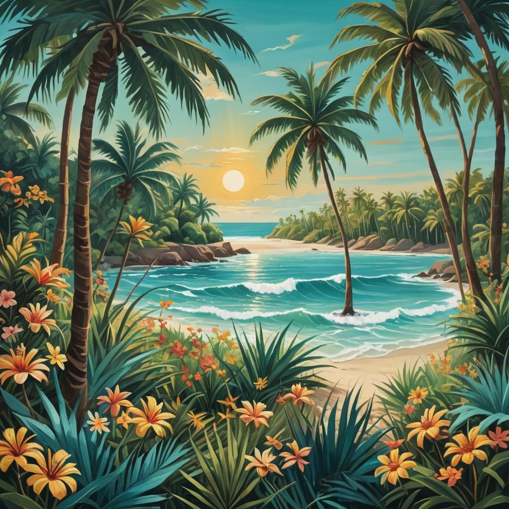 Tropical Island Paradise in Vibrant Oil Painting Style