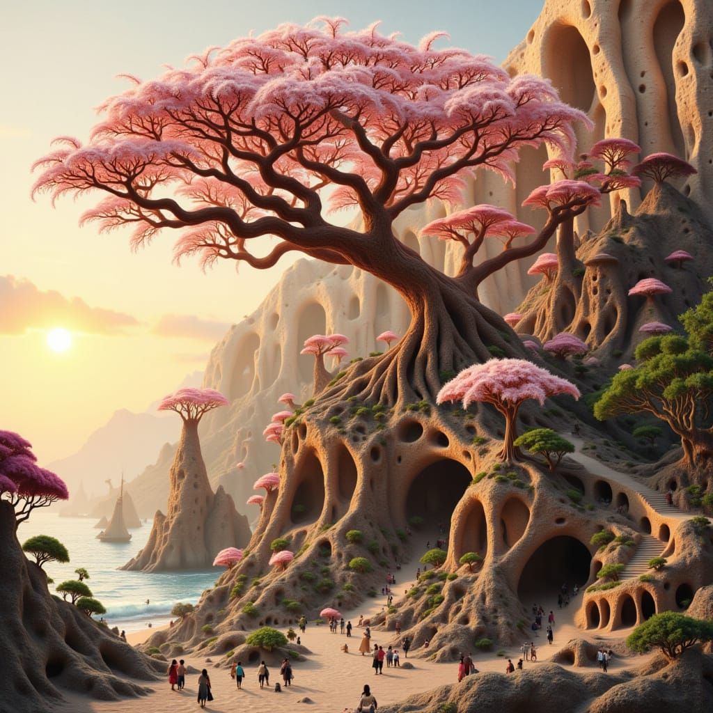 Exquisite Ancient Bonsai Tree by the Sea in Sunset Hues