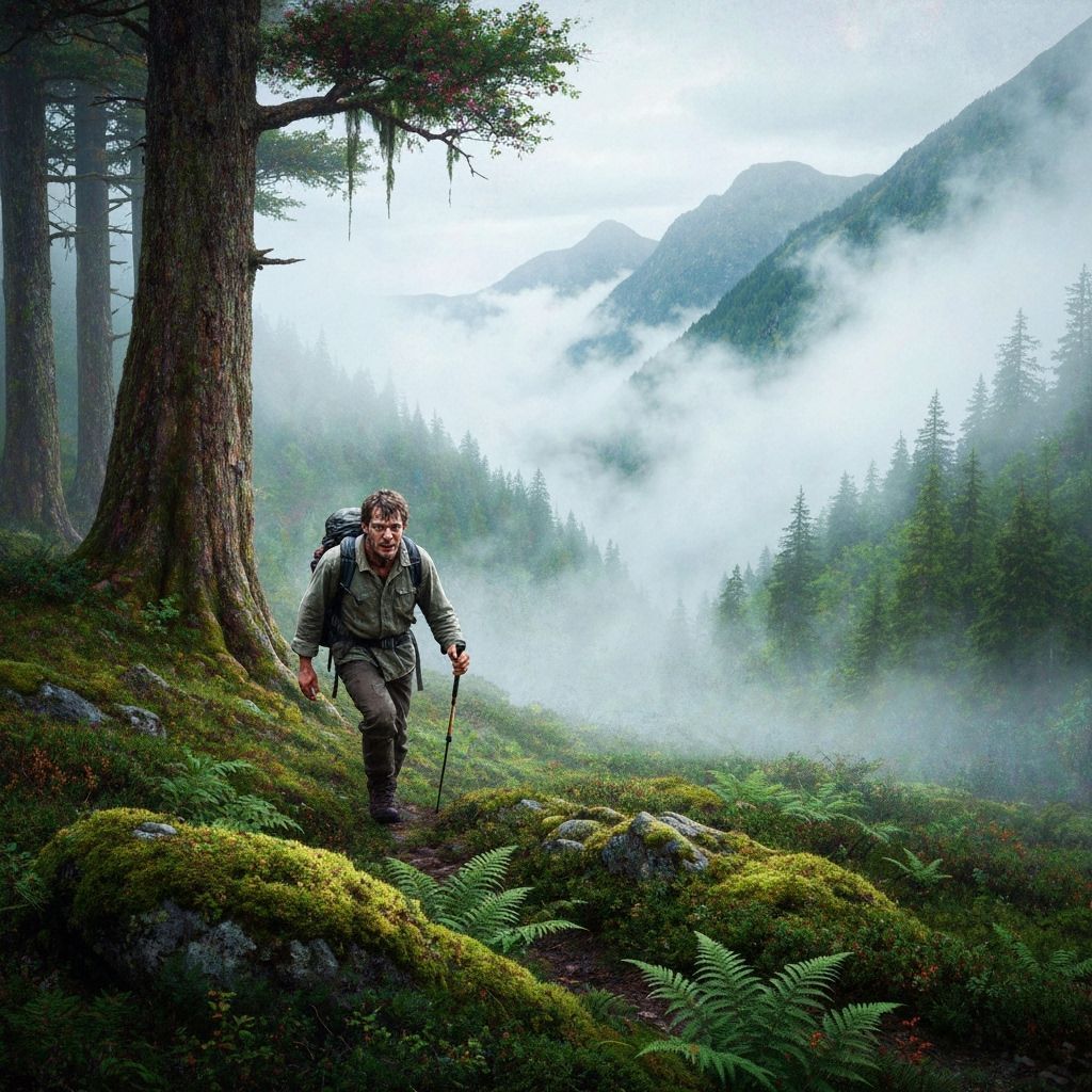 Ethereal Hiker in Misty Mountains Art