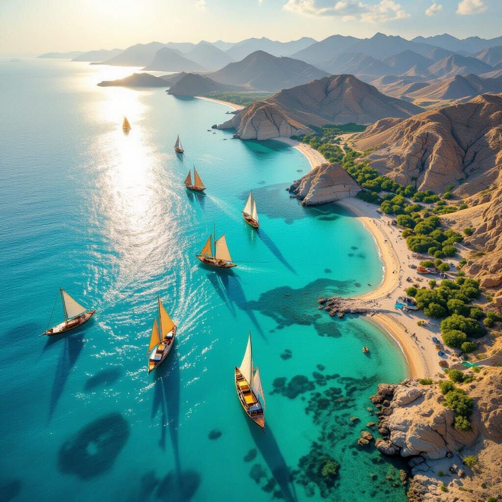 Persian Gulf Aerial View Poster - Turquoise Waters & Dhows