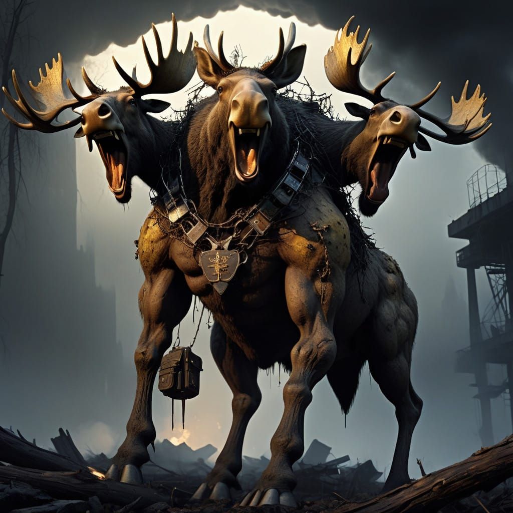 Moose Humanoid in Tattered Quebec Mounties Attire, Holding B...