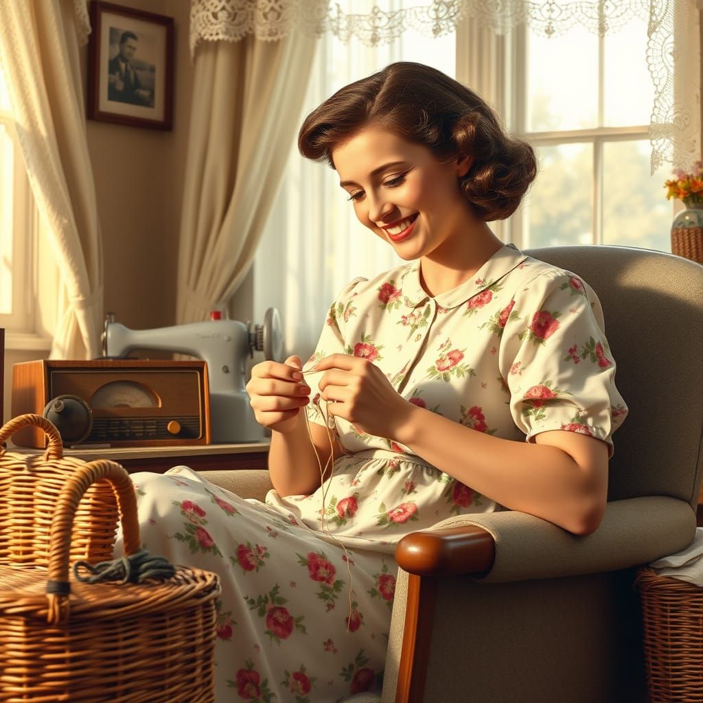 1950s Housewife Mending in Sunlit Living Room