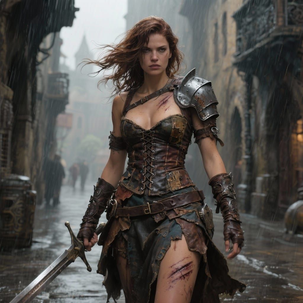 Warrior Woman in Rainy Medieval Street Portrait
