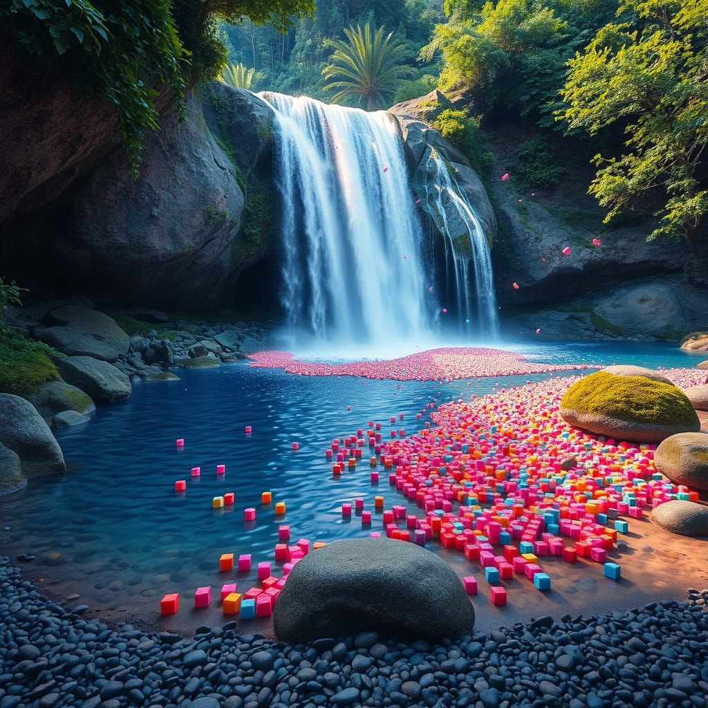 Vibrant Waterfall Scene with Detaching Cubes in Surrealist S...